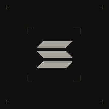 A minimalist graphic on a black background features three gray, stacked, angled parallelograms framed by corner brackets.