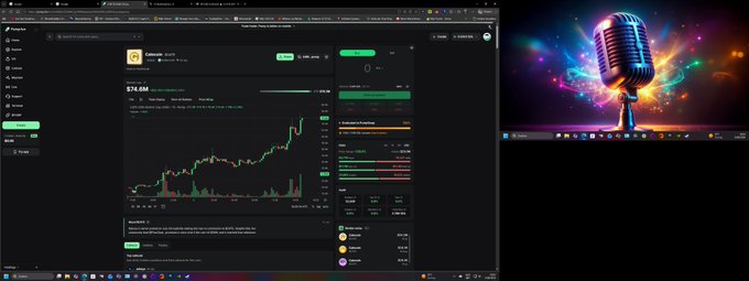 A desktop screen showing a cryptocurrency trading platform displaying the BTC/USDT pair at $76.4M with a candlestick chart, alongside a colorful microphone wallpaper.