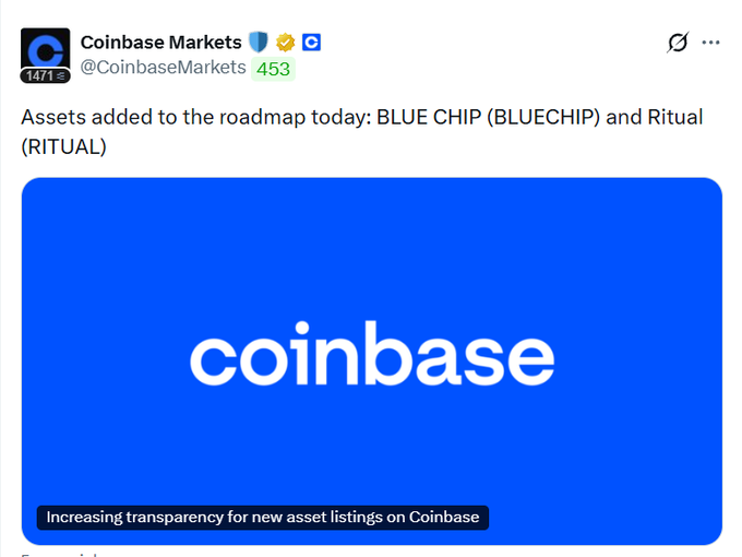 A tweet from Coinbase Markets (@CoinbaseMarkets) announcing new roadmap additions: 'Assets added to the roadmap today: BLUE CHIP (BLUECHIP) and Ritual (RITUAL),' accompanied by a blue Coinbase logo image.