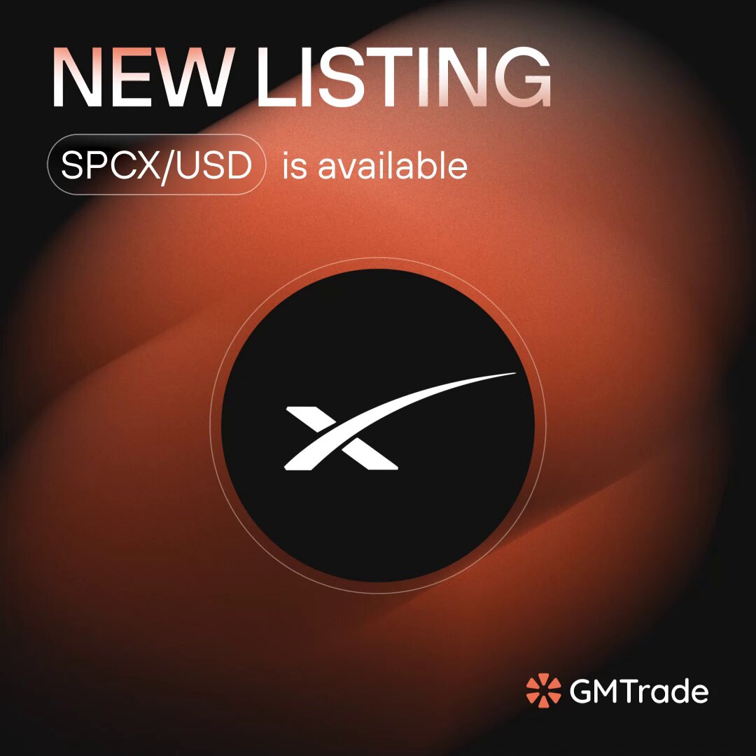 The image features a red background with a white circle containing an X symbol. The text "New listing" is written above the circle, and "SPCX/USD" is listed below the circle. Below this, there's a description of the new listing for SpaceX perps on Solana. The post also mentions that it is available to anyone interested in investing in the biggest IPO ever, which is Solana.