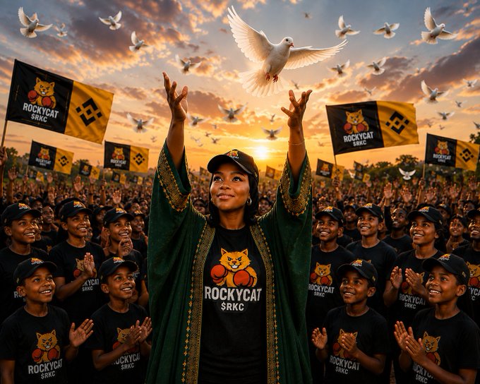 Crowd scene at sunset with people wearing black 'ROCKYCAT $RKC' shirts and caps, with a central figure releasing a white dove while 'ROCKYCAT $RKC' banners wave in the background.