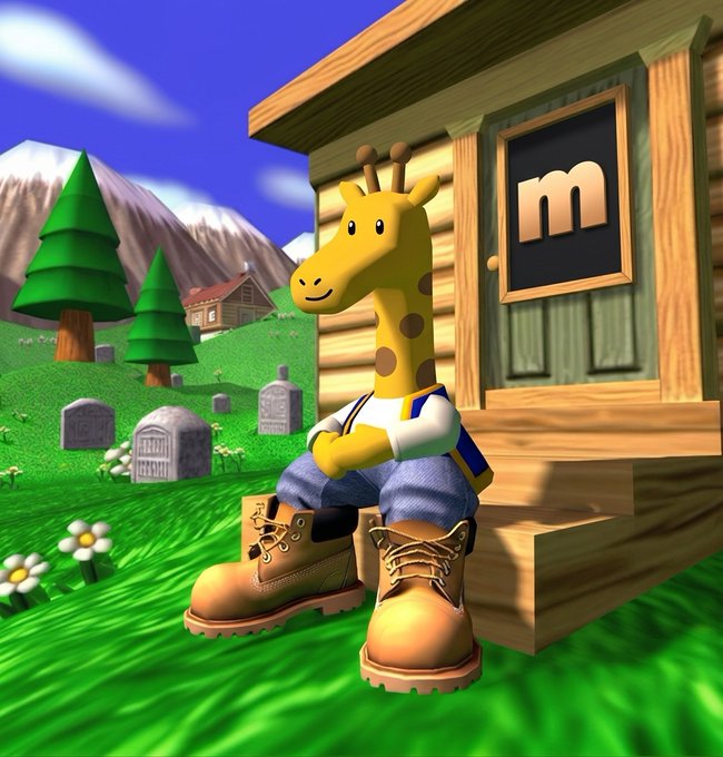 3D-rendered cartoon giraffe character wearing a blue cap, white shirt, jeans, and oversized boots, sitting on wooden steps in a grassy landscape with a house and trees.
