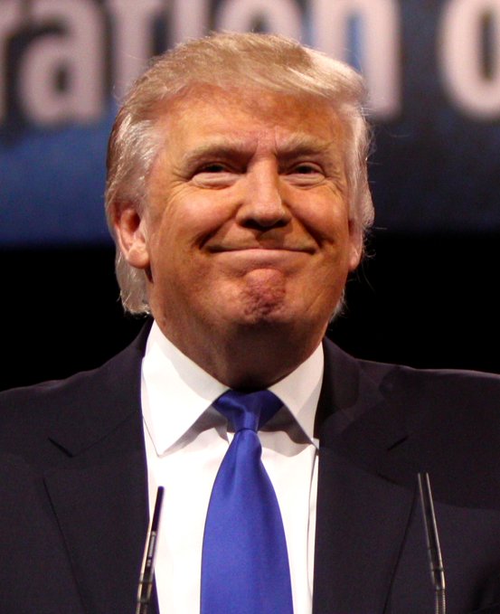 A smiling Donald Trump in a dark suit with a blue tie and white shirt, photographed in front of a blurred backdrop.