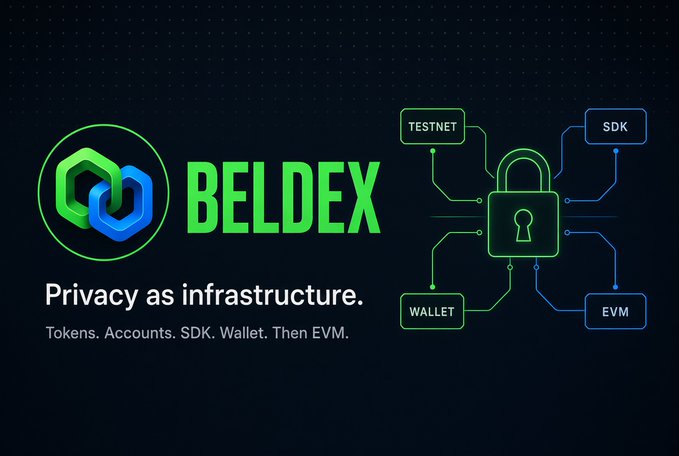 A graphic displays the 'BELDEX' logo with text 'Privacy as infrastructure. Tokens. Accounts. SDK. Wallet. Then EVM.' alongside a diagram showing connections between TESTNET, SDK, WALLET, and EVM.