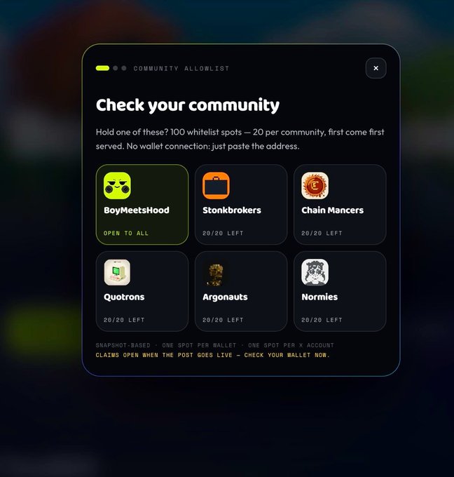 A "Check your community" modal displays six NFT community allowlist options: BoyMeetsHood (Open to All), Stonkbrokers, Chain Mancers, Quotrons, Argonauts, and Normies, each showing 20/20 spots left, with a note that no wallet connection is needed and 100 whitelist spots total are being distributed. The accompanying post explains that all collaborating communities met submission requirements and winners will soon be updated in this checker.