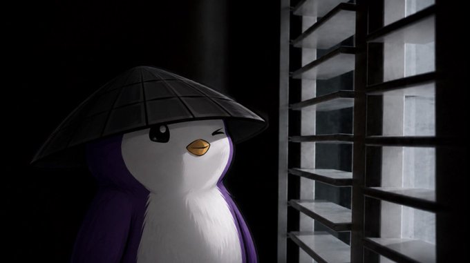 A 3D-animated purple and white penguin-like character wearing a conical bamboo hat winks while standing next to a window with horizontal blinds.