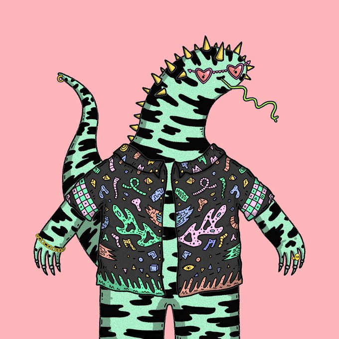 A green lizard-like creature with black stripes, yellow spikes, and heart-shaped sunglasses wears a custom puffer jacket adorned with colorful patches and a gold chain, celebrating World Lizard Day in style. The text "TEZZQUANT" and "TEZZ" can be seen on the jacket patches, fitting the playful "Tezzardz" (Tezzos + lizards) theme of the post.