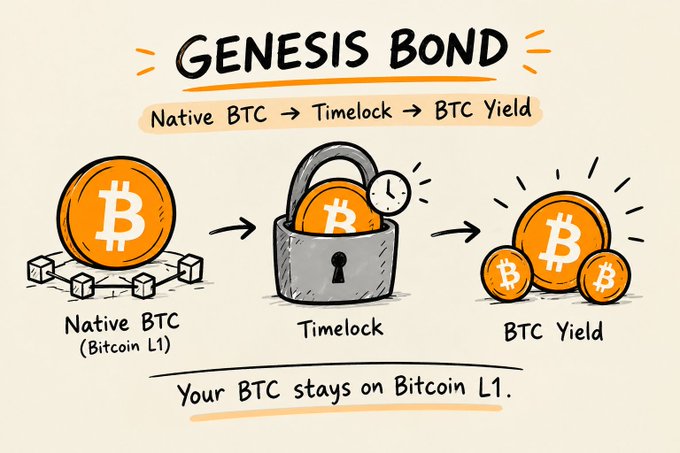 An illustration explaining the Genesis Bond concept, showing Native BTC on Bitcoin L1 being converted through a Timelock into BTC Yield.