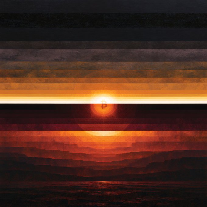 Stylized sunset artwork with horizontal orange and black stripes featuring a glowing sun overlaid with the Bitcoin ₿ symbol.