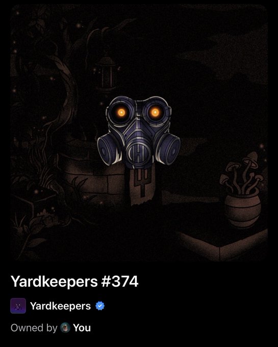 A dark digital illustration shows a gas mask with glowing orange eyes in a shadowy setting, labeled "Yardkeepers #374" and marked as owned by "Yardkeepers" on what appears to be an NFT marketplace.