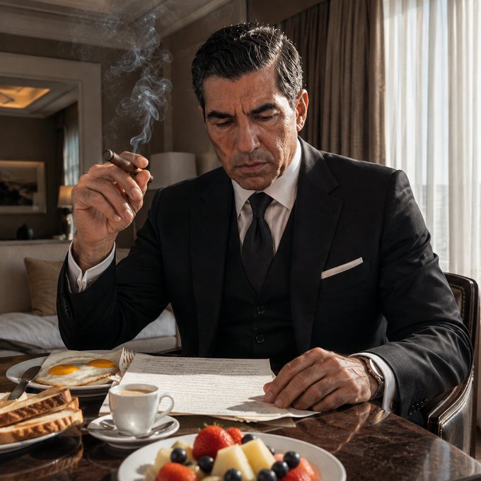 A sharply dressed man in a black three-piece suit smokes a cigar while studying documents over a lavish breakfast of toast, eggs, coffee, and fresh fruit in an upscale setting—visually echoing the post's "Good Morning" message by presenting a composed, successful trader taking a deliberate moment to slow down before the markets open.