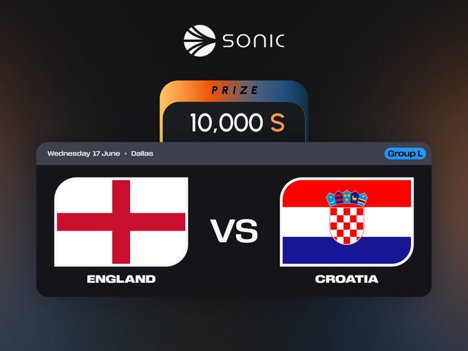 The image features a poster with two flags - one representing England and another representing Croatia. The poster also displays text that reads "@FSafari77 for predicting the exact outcome of this weeks game! We will reach out via DM to process your 10,000 $S reward." This suggests that someone has predicted the outcome of the ongoing soccer match between England and Croatia, and they have been rewarded accordingly with a monetary prize.