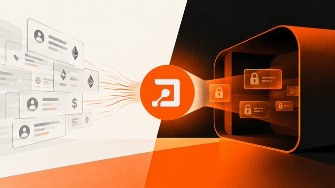 The image illustrates decentralized onchain financial transactions flowing through a privacy gateway (depicted by an orange key/logo in the center) where user profile cards on the left—including some showing Ethereum and dollar symbols—are encrypted into locked data packets on the right, visually representing how Primus Labs transforms transparent blockchain activity into private, secure transactions.
