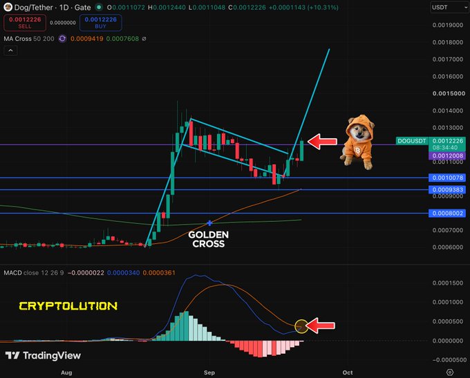 A TradingView chart of DOG/USDT showing a 'Golden Cross' pattern with the meme 'Cryptolution' and arrows pointing to breakout signals.