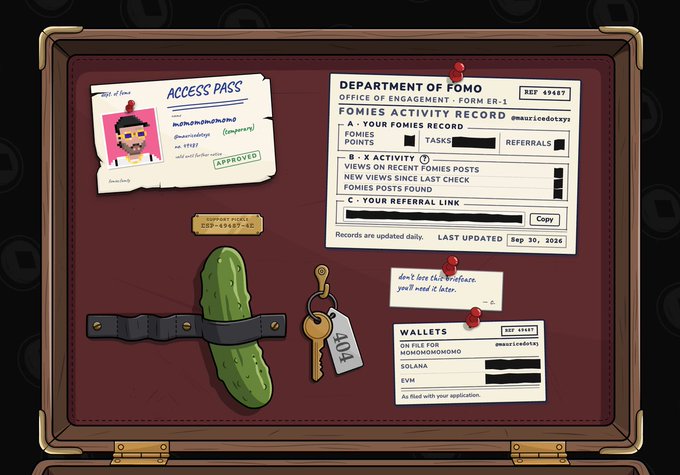 A digital bulletin board displays an 'ACCESS PASS' with a photo and approved stamp, alongside 'FOMIES ACTIVITY RECORD' paperwork referencing '@mohomohomomo' and a wallet card for '404'.