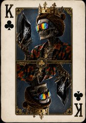 A stylized King of Clubs playing card featuring a dark, skull-faced monarch wearing a golden crown and ornate armor, holding a glowing blue gem. The image ties into the post's "Day 99" milestone of posting Runestone-related content, with the "K" letter and club symbol serving as a visual play on the airdrop countdown.