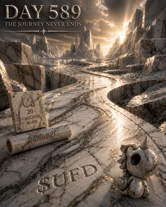 AI-generated fantasy artwork titled 'DAY 589: THE JOURNEY NEVER ENDS,' depicting a marble landscape with a calcium periodic tile, a marble scroll, a seahorse figurine, and '$UFD' inscribed in gold.