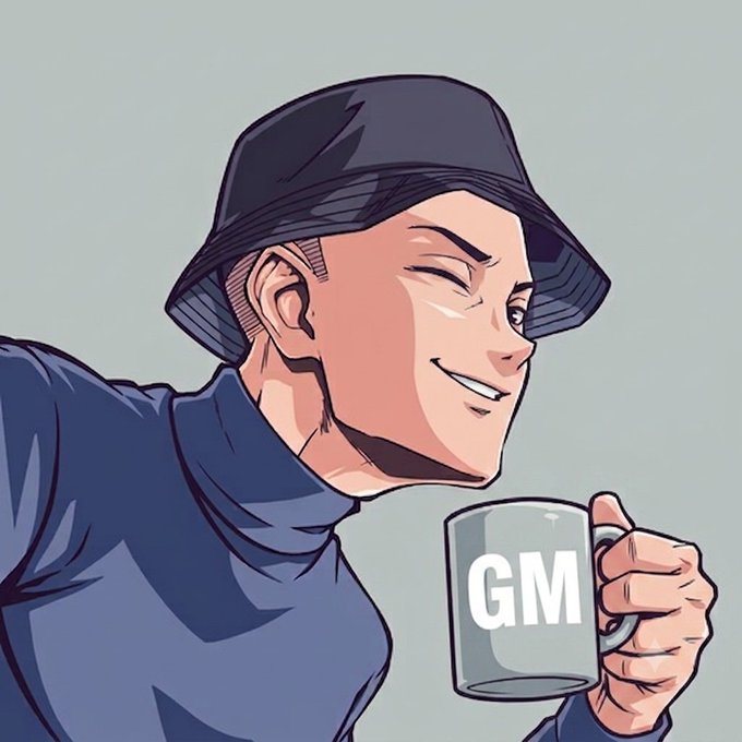 An anime-style illustration of a smiling man wearing a bucket hat and holding a coffee mug with 'GM' (good morning) printed on it.