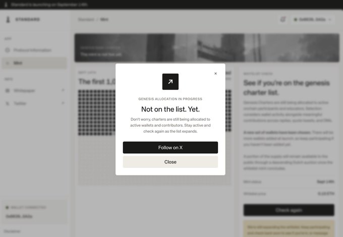 A cryptocurrency platform interface showing a modal popup that reads 'GENESIS ALLOCATION IN PROGRESS - Not on the list. Yet.' explaining that charters are still being allocated, with a 'Follow on X' button and a 'Close' button.