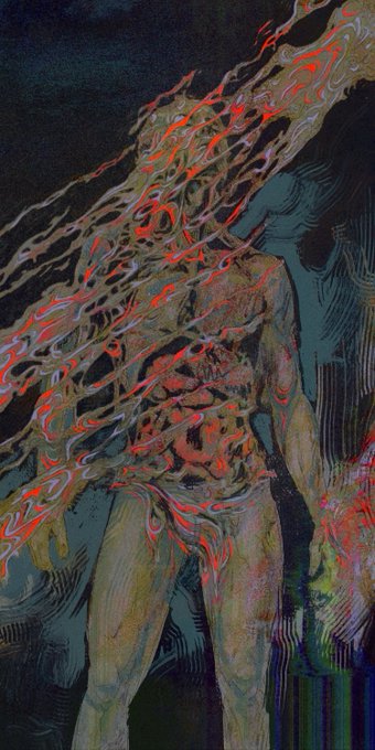 A nude figure stands partially obscured behind a cascading veil of swirling, flame-like ribbons in vivid reds, oranges, and whites against a dark background, evoking the chaotic, elemental energy suggested by the caption "Cesium (Monday experiment)"—cesium being a highly reactive, luminous alkali metal whose explosive chemistry parallels the fiery disintegration enveloping the figure.