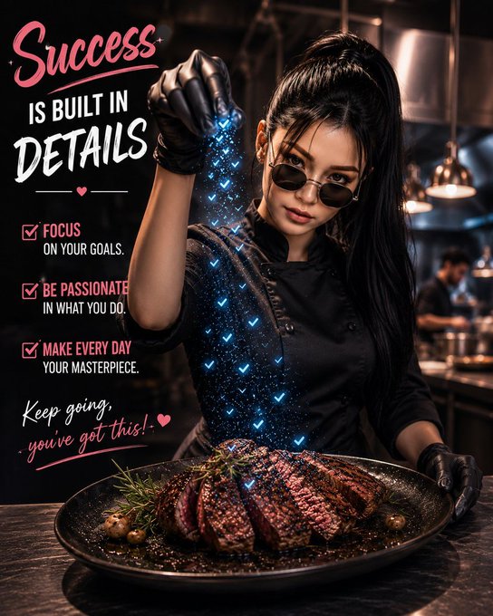 A motivational poster featuring a female chef in black attire and sunglasses sprinkling glowing blue particles over a plated steak, with text reading 'Success is built in details,' 'Focus on your goals,' 'Be passionate in what you do,' 'Make every day your masterpiece,' and 'Keep going, you've got this!'