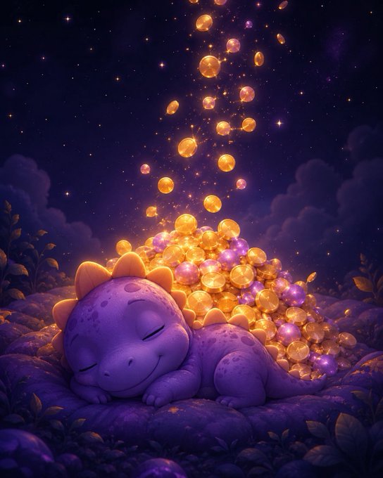 The image features a small, cute cartoon dinosaur sleeping peacefully with its eyes closed. The background of the image is dark purple, which contrasts with the bright yellow glow coming from the bottom right corner. This glowing effect appears to be emanating from a pile of gold coins that are falling down towards the dinosaur. The text in the image reads "Do you want info about Loyalty Program sleep points airdrop? Read this tweet sleep points are quietly stacking up every night and when token TGE hits most people will wish they started earlier loyalty program is live now at hubsleepagotchi.com/loyalty?".