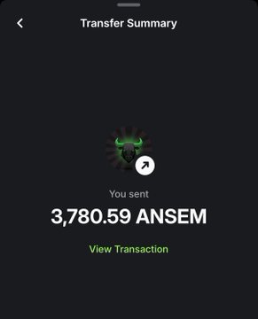 The image shows a Transfer Summary screen confirming a sent transaction of 3,780.59 $ANSEM tokens, with a green "View Transaction" link below. This visually confirms the post's claim about receiving a 3,780 $ANSEM airdrop.