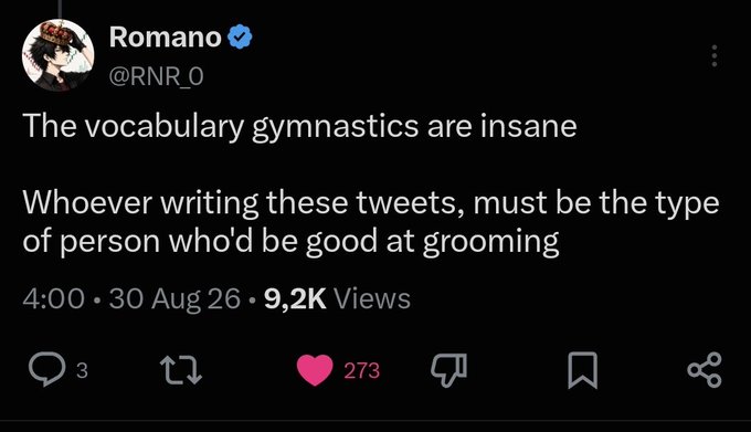 A screenshot of a tweet from verified user @RNR_0 (Romano) reads: "The vocabulary gymnastics are insane. Whoever writing these tweets, must be the type of person who'd be good at grooming." The tweet, posted at 4:00 on Aug 30 with 9.2K views and 273 likes, humorously critiques the corporate-speak and carefully worded language used in official statements about the Fogo Mainnet halt.
