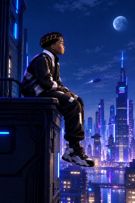A stylized digital artwork of a young person with braided hair sitting on a rooftop ledge, gazing out at a futuristic neon-lit cityscape under a full moon.