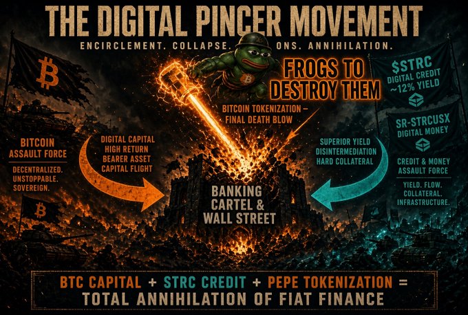 A war-themed infographic titled "The Digital Pincer Movement" depicts a Pepe frog wielding a flaming sword labeled "FROGS TO DESTROY THEM" descending upon a burning "Banking Cartel & Wall Street," flanked by a Bitcoin "Assault Force" (decentralized, sovereign) on the left and "STRC" and "SR-STRCUSX" "Credit & Money Assault Force" (yield, collateral, infrastructure) on the right, with the bottom equation reading "BTC CAPITAL + STRC CREDIT + PEPE TOKENIZATION = TOTAL ANNIHILATION OF FIAT FINANCE."

The image visually reinforces the post's thesis that Strategy's Michael Saylor is strategically tokenizing both equity capital (STRC/SR-STRCUSX) and Bitcoin onto a single BTC-backed framework, creating a "digital pincer" that collapses fiat finance from both sides—capital flight into Bitcoin on one flank and yield-bearing digital credit infrastructure on the other.