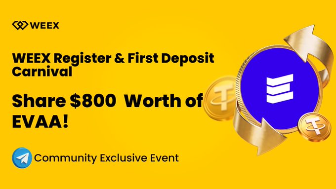 A promotional banner for the "WEEX Register & First Deposit Carnival" with a bright yellow background, advertising a share of $800 worth of EVAA tokens. The image features the WEEX logo, a purple EVAA coin graphic with gold arrows, and Telegram branding indicating it's a "Community Exclusive Event."
