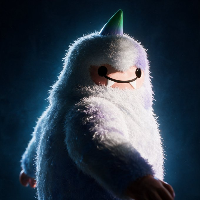 A fluffy, yeti-like creature wearing a green party hat, featuring a simple smiling face with fangs, set against a dark, moody background.