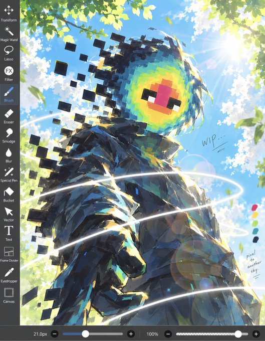 Digital artwork shows a hooded figure with a pixelated smiley face breaking apart, displayed within an image editing interface with various tool options on the left.
