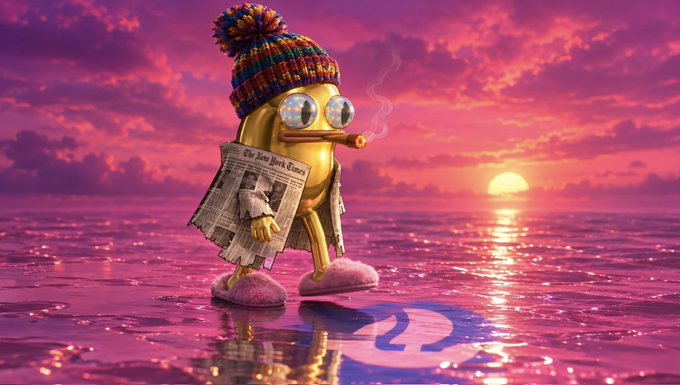 A 3D-rendered cartoon character resembling a yellow pill or capsule wearing a colorful pom-pom beanie and fuzzy slippers stands on a pink ocean at sunset, smoking a cigar while holding a copy of The New York Times.