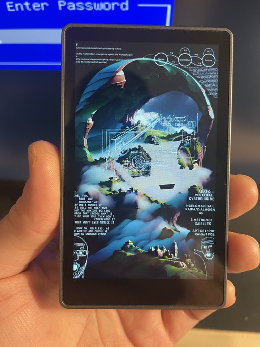 A hand holding a smartphone displaying a futuristic, cyberpunk-themed wallpaper featuring a floating city structure in the clouds with various overlaid tech graphics and diagrams.