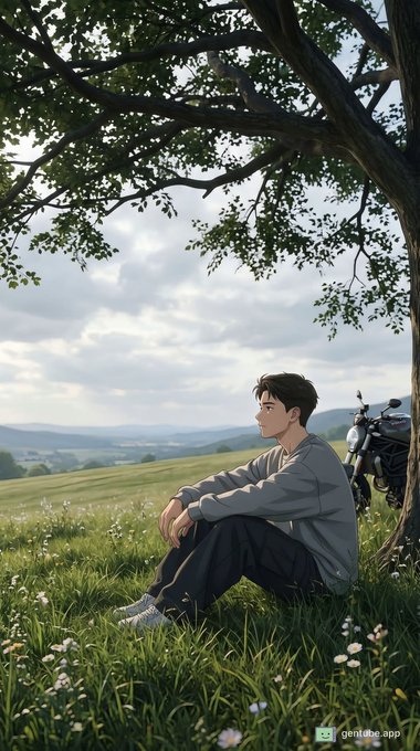 An anime-style illustration of a young man sitting under a tree in a grassy field, looking out toward a distant valley with a motorcycle parked nearby.