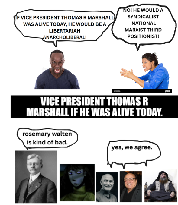 A meme comparing political labels for Vice President Thomas R Marshall, featuring two arguing people debating 'Libertarian Anarcholiberal' vs 'Syndicalist National Marxist Third Positionist,' followed by a panel discussing Rosemary Walten.