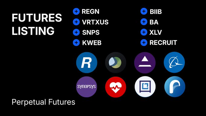 A graphic listing 'FUTURES LISTING' for Perpetual Futures includes tickers REGN, VRTXUS, SNPS, KWEB, BIIB, BA, XLV, and RECRUIT with their respective logos.