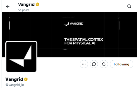 An Instagram profile page for 'Vangrid' (@vangrid_io) with 56 posts, displaying a black banner that reads 'VANGRID - THE SPATIAL CORTEX FOR PHYSICAL AI' with a Following button.