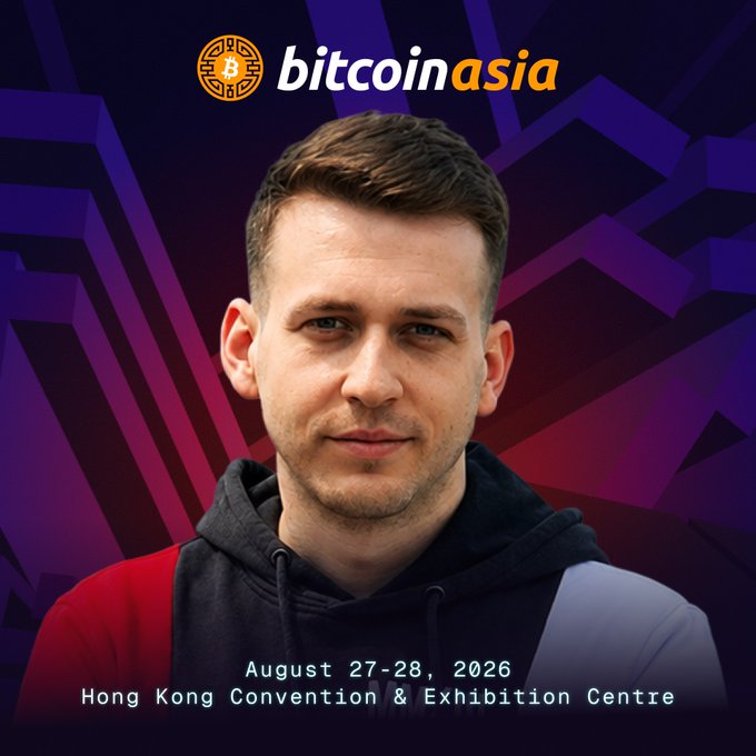A promotional image for 'Bitcoin Asia' featuring a man's face, with text reading 'August 27-28, 2026, Hong Kong Convention & Exhibition Centre' against a purple geometric background.