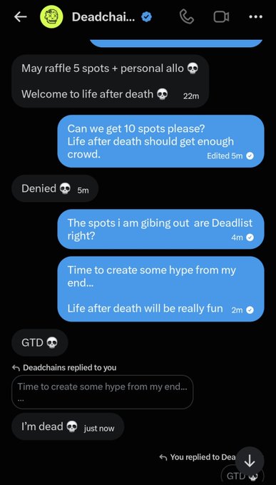 A screenshot of a Twitter DM conversation with Deadchains showing a request for 10 NFT spots that was denied, with the user receiving only 5 guaranteed (GTD) spots instead, aligning with the post about their experience trying to acquire more of the Deadchains NFT on Robinhood.