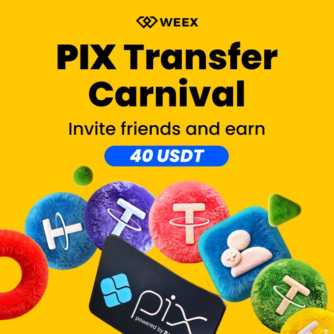 A vibrant WEEX promotional graphic for the "PIX Transfer Carnival" features a black Pix bank card (powered by Banco) surrounded by colorful fuzzy icons with cryptocurrency symbols (USDT, Tether, EOS), advertising that users can earn 40 USDT by inviting friends. The image ties directly to the accompanying post about the new in-house PIX Bank Transfer feature and its five exclusive perks.