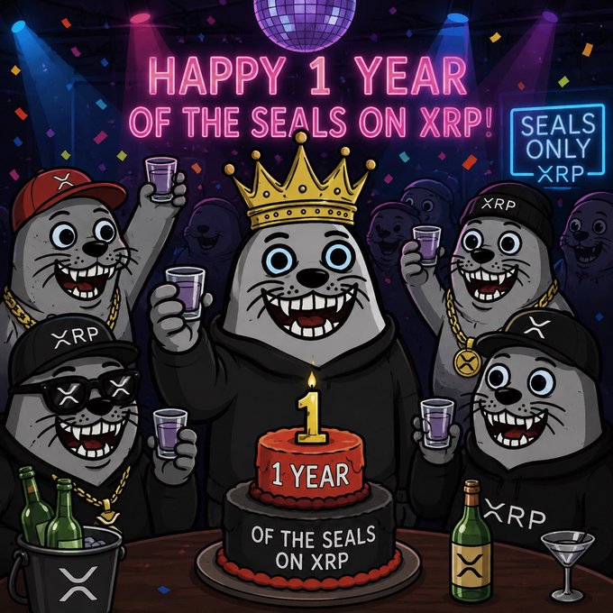 The image features a cartoon seal wearing a crown, surrounded by other seals at a party or celebration. The seal is holding up a cake with "Happy 1 Year of the SealXRP community" written on it. There are several other seals present in the scene as well. In addition to the seals and cake, there are various bottles and wine glasses scattered around the image, suggesting that this gathering may be a party or social event for the SealXRP community.