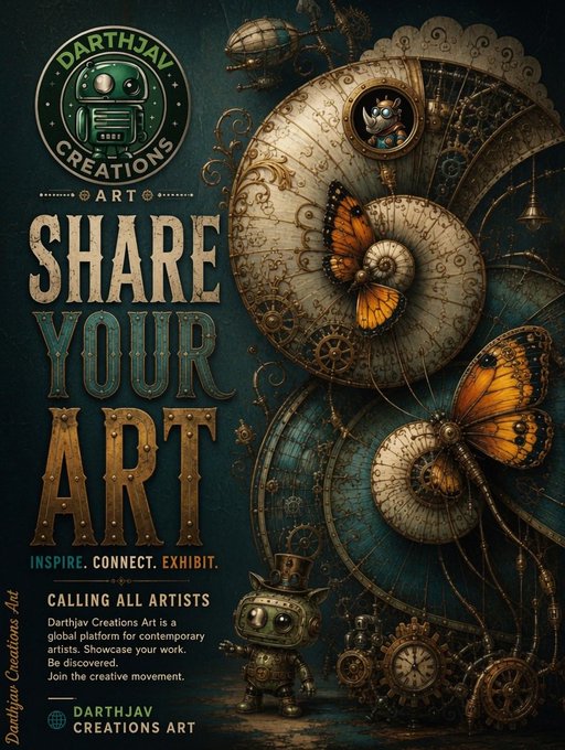 A steampunk-style promotional poster for 'Darthjav Creations Art' reads 'SHARE YOUR ART' and 'CALLING ALL ARTISTS', featuring butterflies, gears, and a robot character.