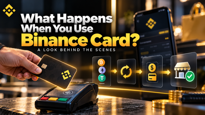 A banner reads "What Happens When You Use Binance Card? A Look Behind the Scenes" showing a hand holding a black Binance card over a payment terminal.