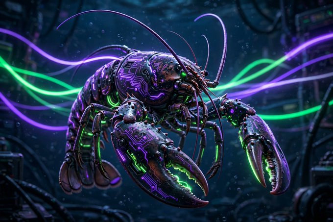 A cyberpunk-style digital illustration of a glowing purple and green lobster-like creature with circuit board patterns and antennae against a dark background.