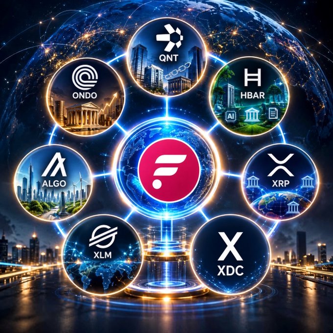 A central pink "F" Flare logo is connected by glowing lines to surrounding cryptocurrency project icons including QNT, HBAR, ONDO, ALGO, XRP, XLM, and XDC, all set against a futuristic cosmic backdrop—visually illustrating Flare's "Connect Everything" mission of interoperability across blockchain networks.