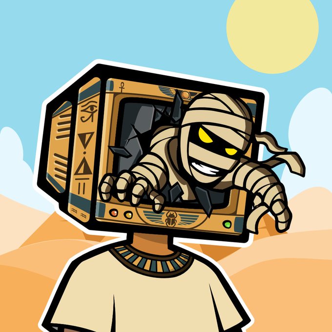 Cartoon illustration of a mummy-like character with glowing yellow eyes bursting out of an Egyptian-themed TV or computer monitor in a desert landscape
