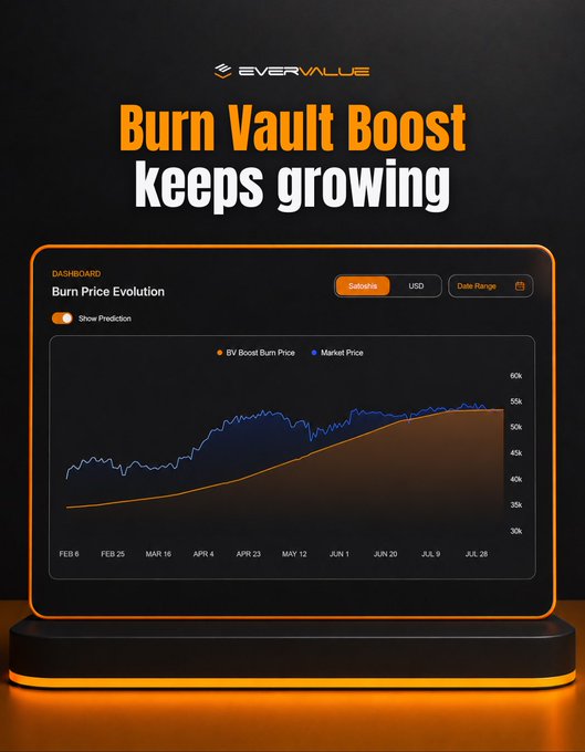 A promotional graphic for EverValue features the headline 'Burn Vault Boost keeps growing' above a dashboard displaying a 'Burn Price Evolution' chart that compares the 'BV Boost Burn Price' (orange line) with the 'Market Price' (blue line) from February to July.