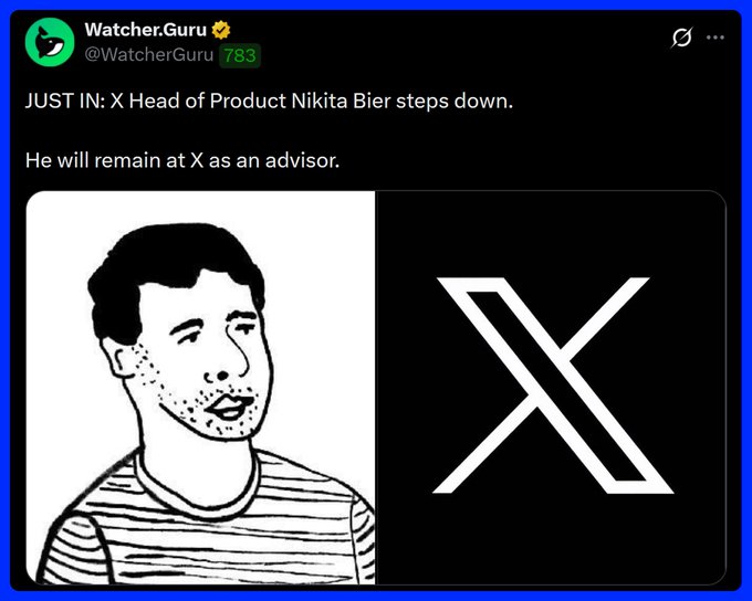 A screenshot of a tweet from Watcher.Guru (@WatcherGuru) with verified checkmark, reporting 'JUST IN: X Head of Product Nikita Bier steps down. He will remain at X as an advisor,' featuring a cartoon drawing of a man alongside the X logo.